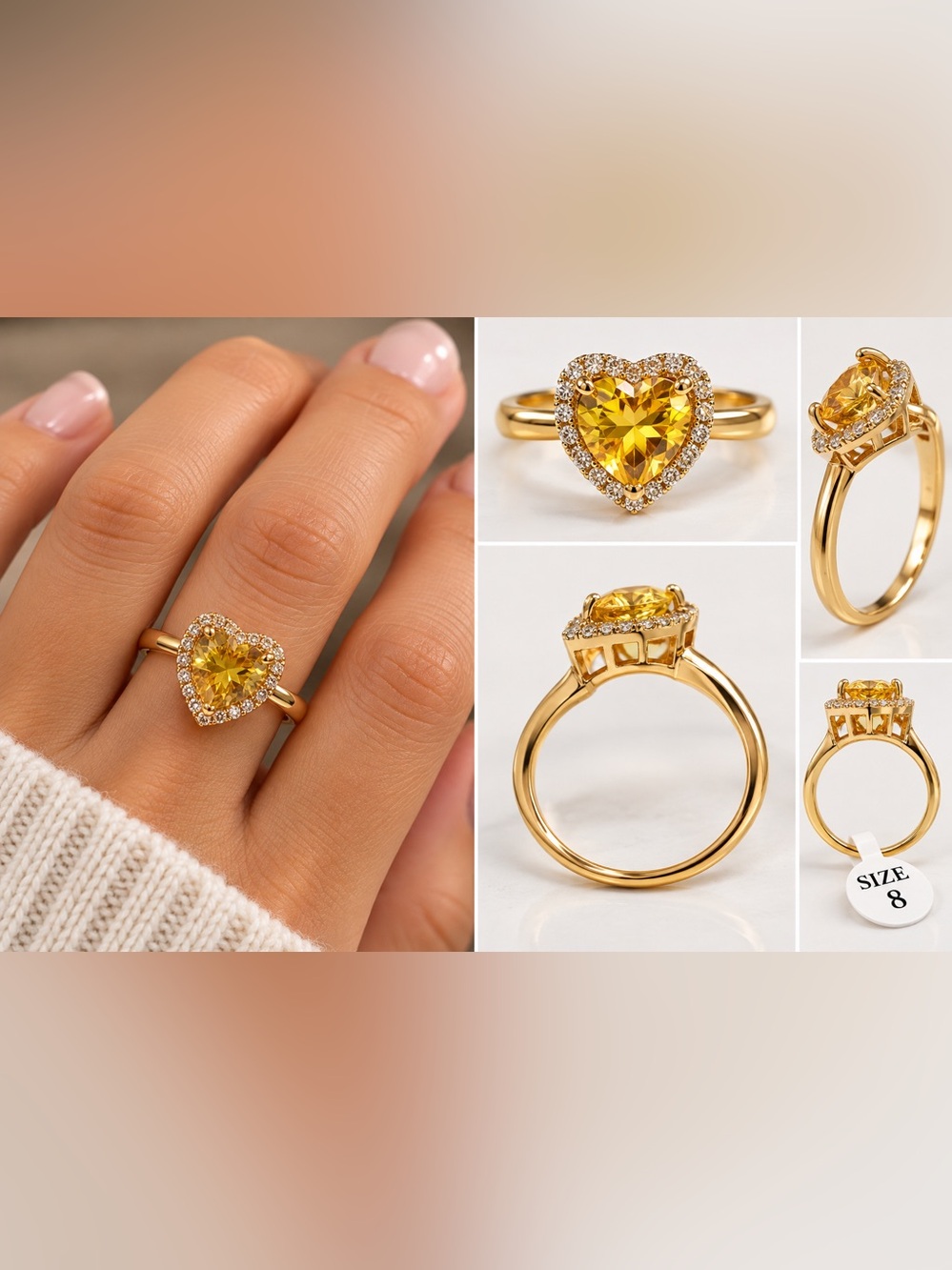Goldoro Yellow Heart Crystal Halo Gold Tone Ring Size 8